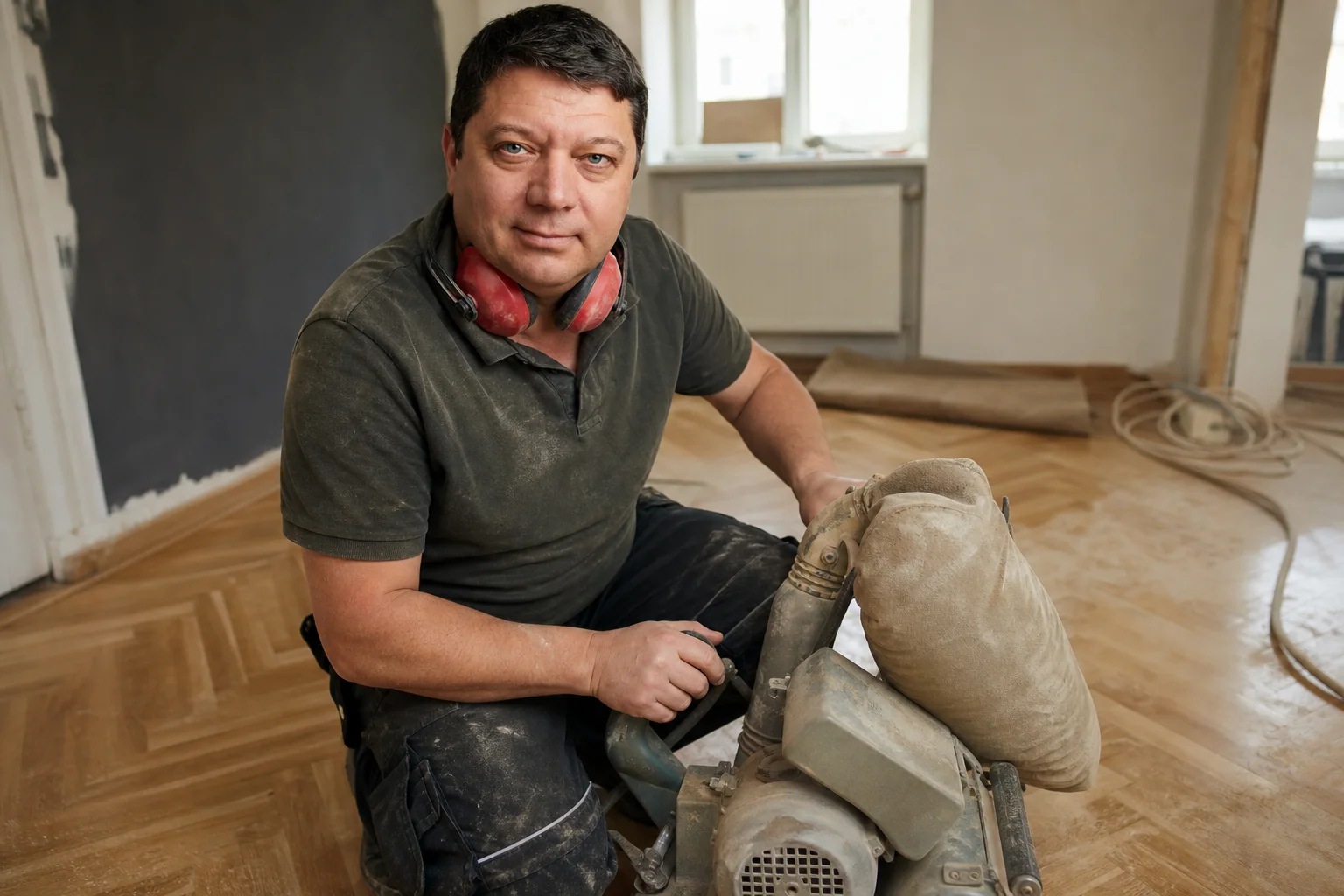 Sergej Jundt beim Parkettschleifen, JUNDT Parkett in Langenzenn
